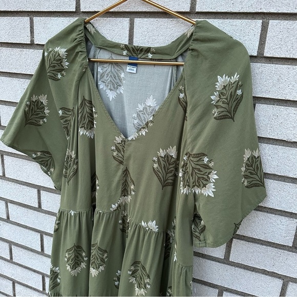 Old Navy V-Neck Mini Swing Dress Olive Green Block Print Tiered Cotton Blend - Picture 5 of 14